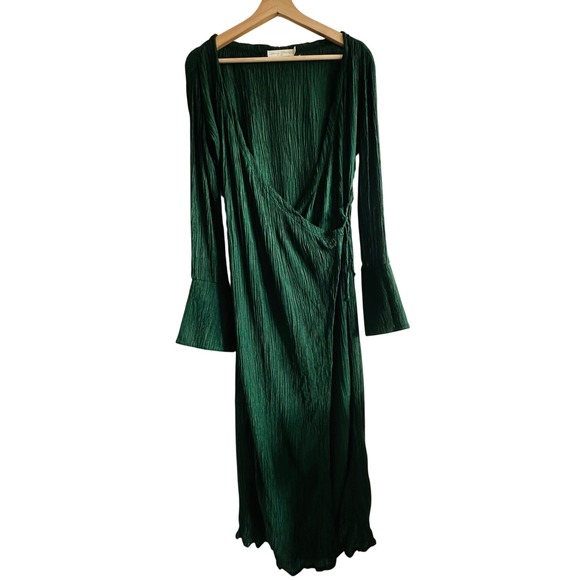 Savannah Morrow Sky Wrap Midi Maxi Dress Long Sleeve Green Crinkle Bamboo Silk - Picture 2 of 10